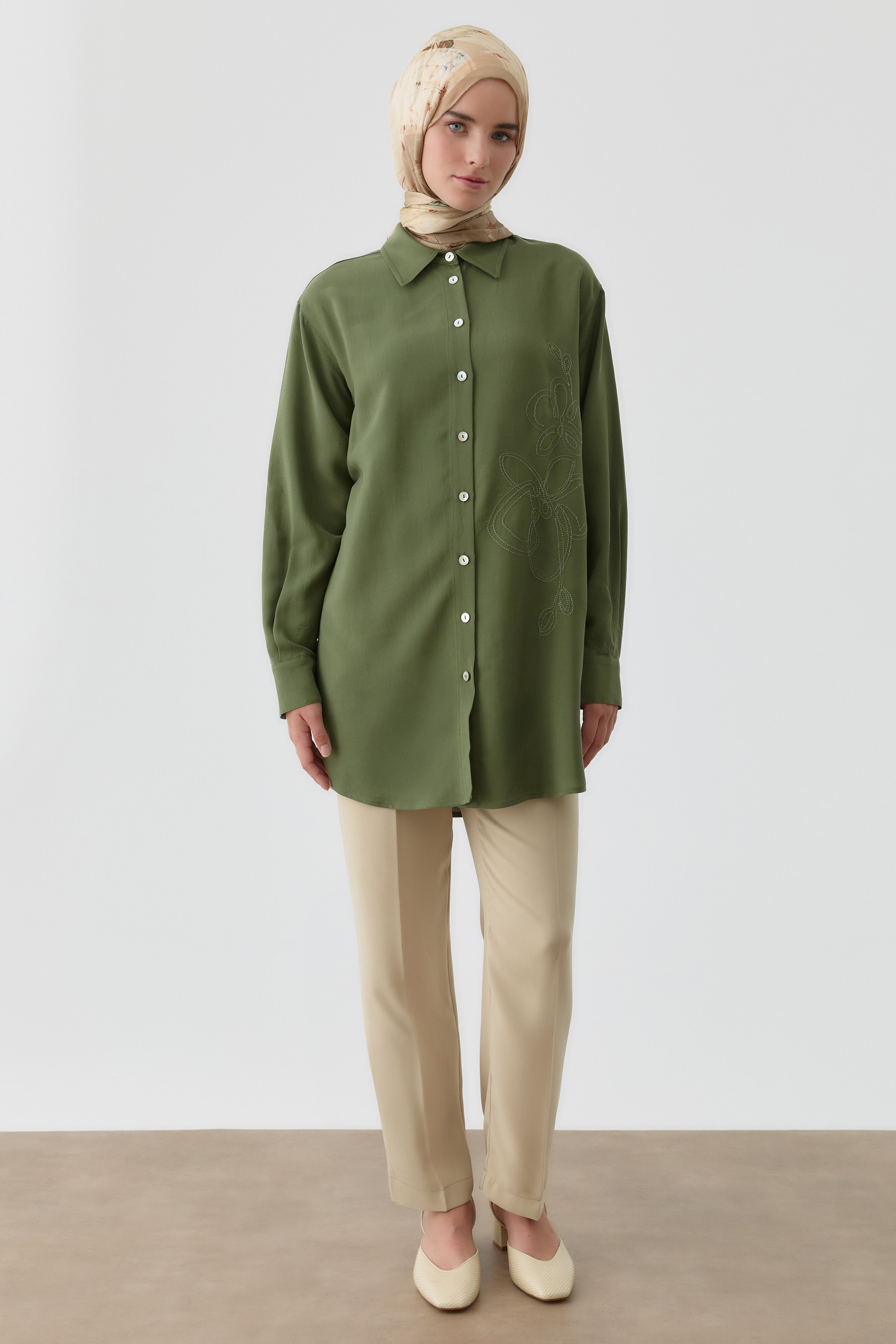 Bol Paça Pensli Pantolon - Yeşil TUGBA