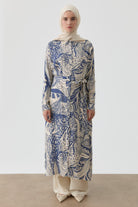 Kemerli Desenli Uzun Tunik - İndigo TUGBA