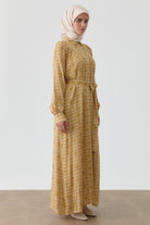 Robalı Büzgü Detaylı Desenli Elbise - Safran TUGBA