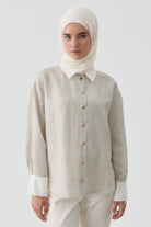 Kombinli Çizgili Gömlek - Bej TUGBA