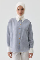 Kombinli Çizgili Gömlek - Lacivert TUGBA