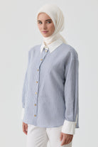 Kombinli Çizgili Gömlek - Lacivert TUGBA