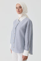 Kombinli Çizgili Gömlek - Lacivert TUGBA