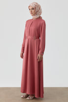 Plikaşe Detaylı Kemerli Elbise - Gül Kurusu TUGBA