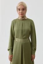 Plikaşe Detaylı Kemerli Elbise - Mint TUGBA