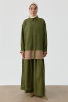 Nakış Detaylı Kombinli Kısa Tunik - Haki TUGBA