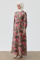 Fırfırlı Çiçek Desenli Elbise - Pembe TUGBA