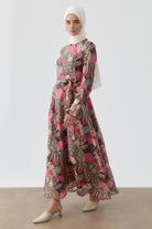 Fırfırlı Çiçek Desenli Elbise - Pembe TUGBA