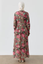 Fırfırlı Çiçek Desenli Elbise - Pembe TUGBA