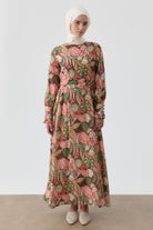 Fırfırlı Çiçek Desenli Elbise - Somon TUGBA