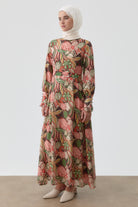 Fırfırlı Çiçek Desenli Elbise - Somon TUGBA