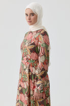 Fırfırlı Çiçek Desenli Elbise - Somon TUGBA