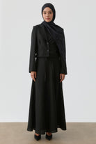 Crop Ceket Etekli Keten Takım - Siyah TUGBA