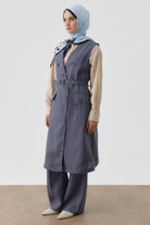 Yaka Detaylı Keten Yelek - İndigo TUGBA