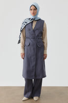 Yaka Detaylı Keten Yelek - İndigo TUGBA