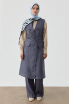 Yaka Detaylı Keten Yelek - İndigo TUGBA