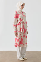 Kendinden Kemerli Desenli Tunik - Pembe TUGBA