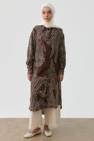 Yaprak Desenli Tunik - Kahve TUGBA