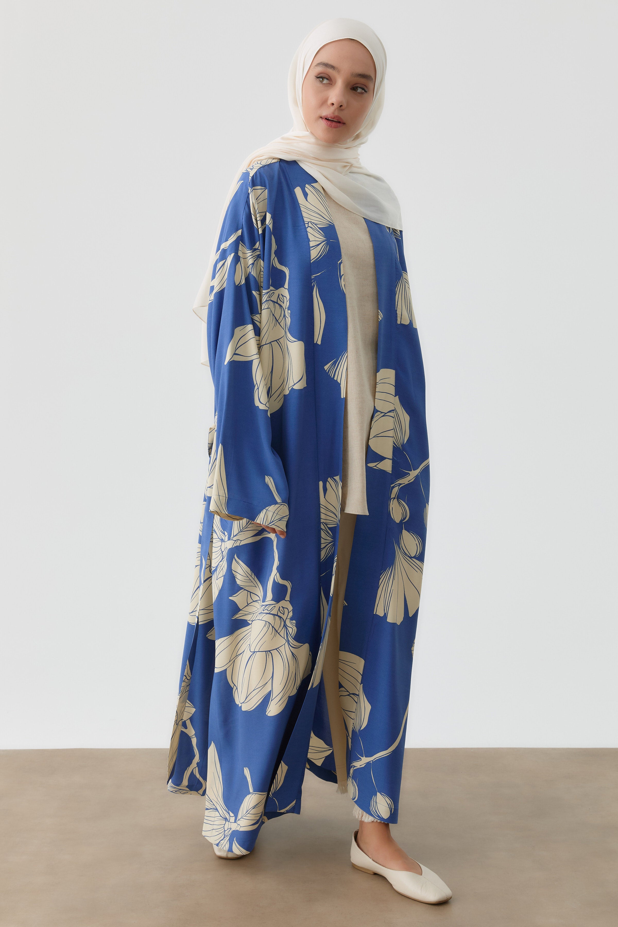 Floral Çiçek Desenli Kimono - İndigo TUGBA