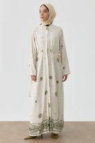 Belden Büzgü Bağlamalı Çiçek Desenli Elbise - Yeşil TUGBA