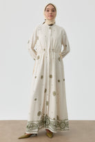 Belden Büzgü Bağlamalı Çiçek Desenli Elbise - Yeşil TUGBA