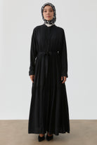 Nervürlü Bel Lastikli Elbise - Siyah TUGBA