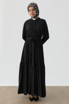 Nervürlü Bel Lastikli Elbise - Siyah TUGBA