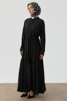 Nervürlü Bel Lastikli Elbise - Siyah TUGBA