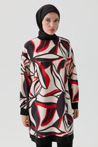 Örme Kombinli Desenli Tunik - Kırmızı TUGBA