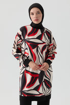 Örme Kombinli Desenli Tunik - Kırmızı TUGBA