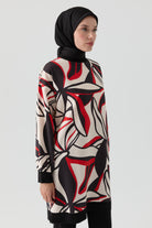 Örme Kombinli Desenli Tunik - Kırmızı TUGBA