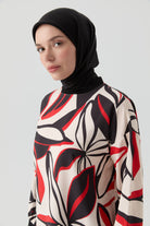 Örme Kombinli Desenli Tunik - Kırmızı TUGBA