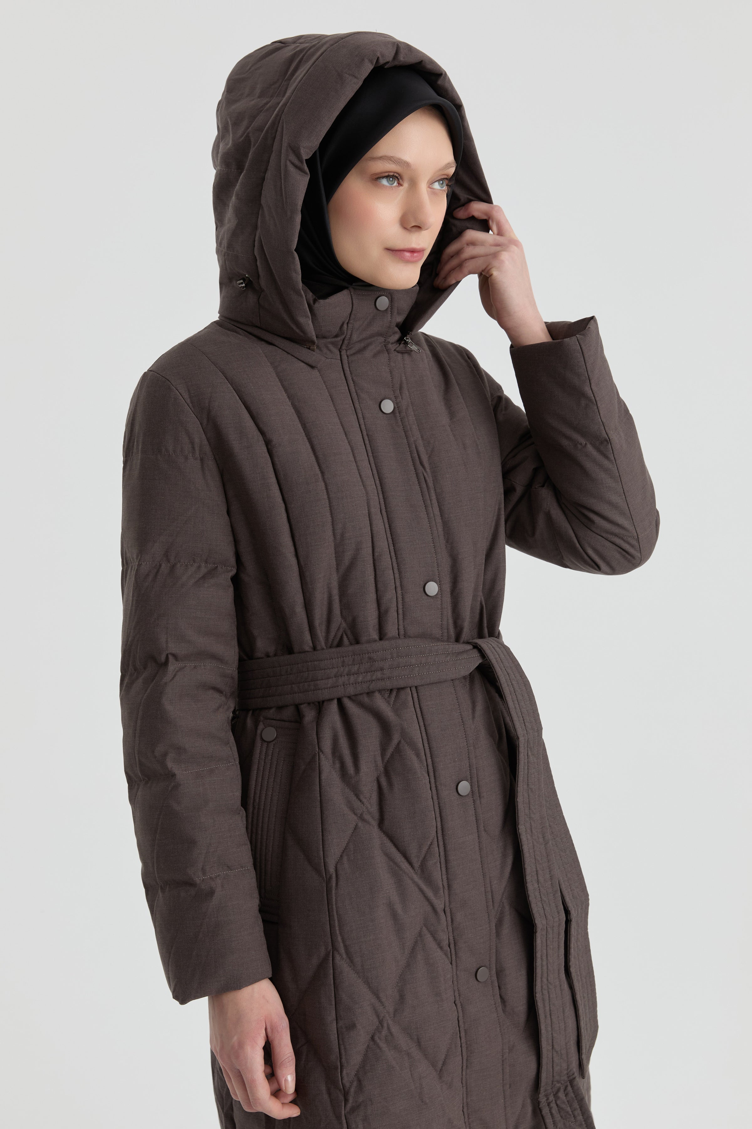 Baklava Desenli Kaz Tüyü Kaban - Kahve TUGBA