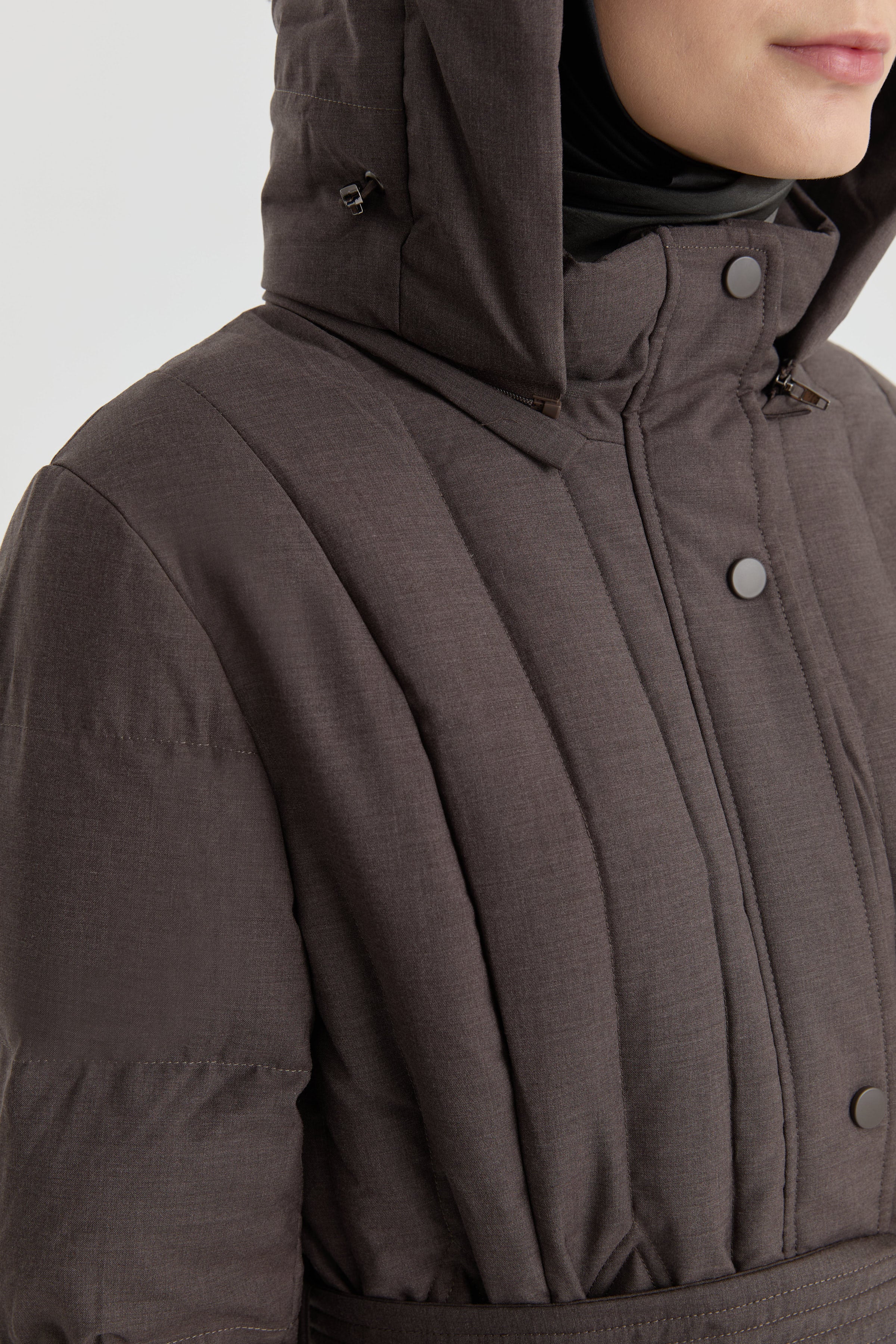 Baklava Desenli Kaz Tüyü Kaban - Kahve TUGBA