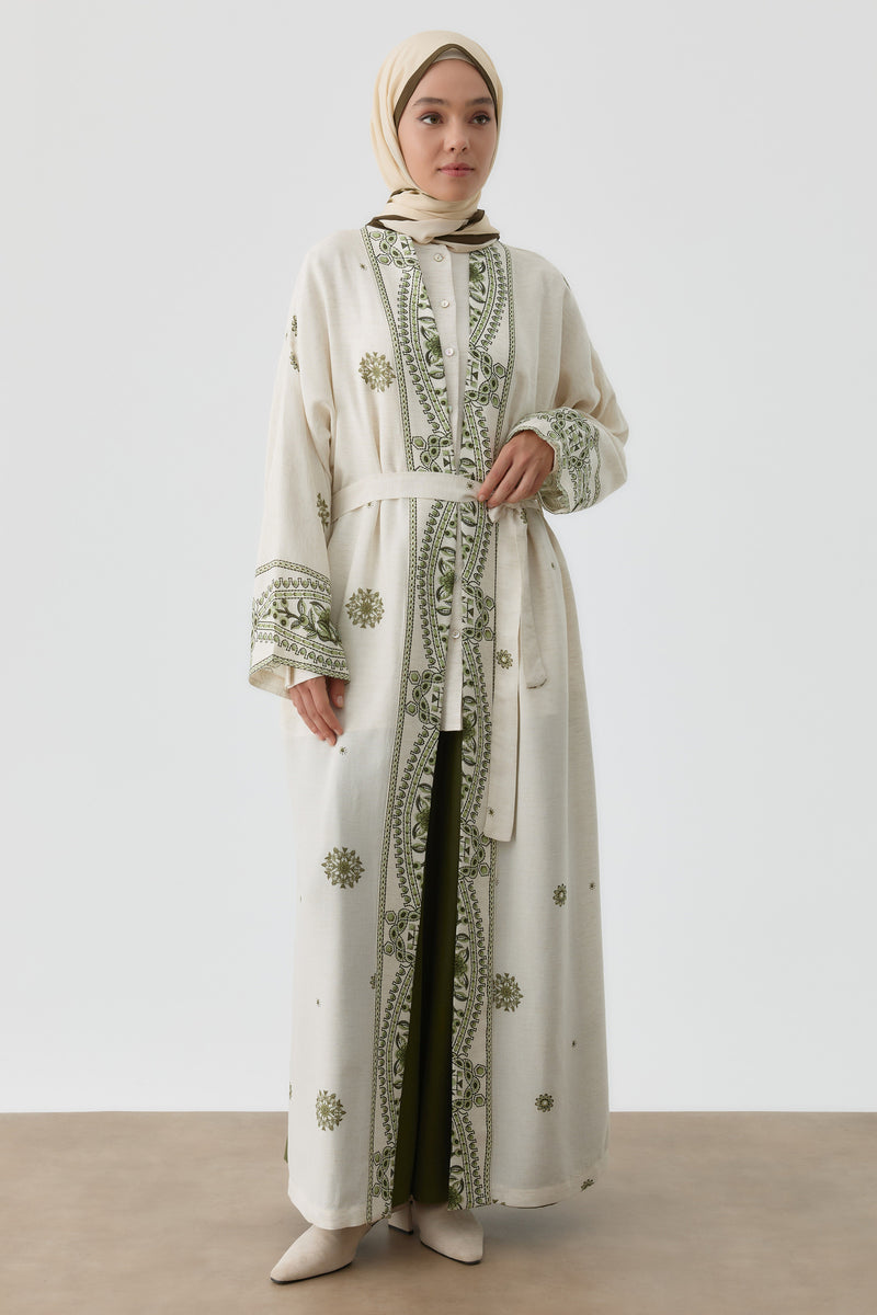 Desenli Kemerli Kimono - Haki TUGBA