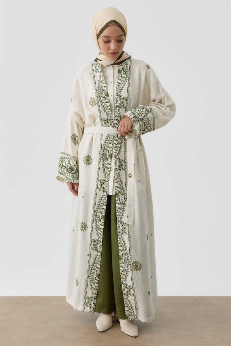 Desenli Kemerli Kimono - Haki TUGBA