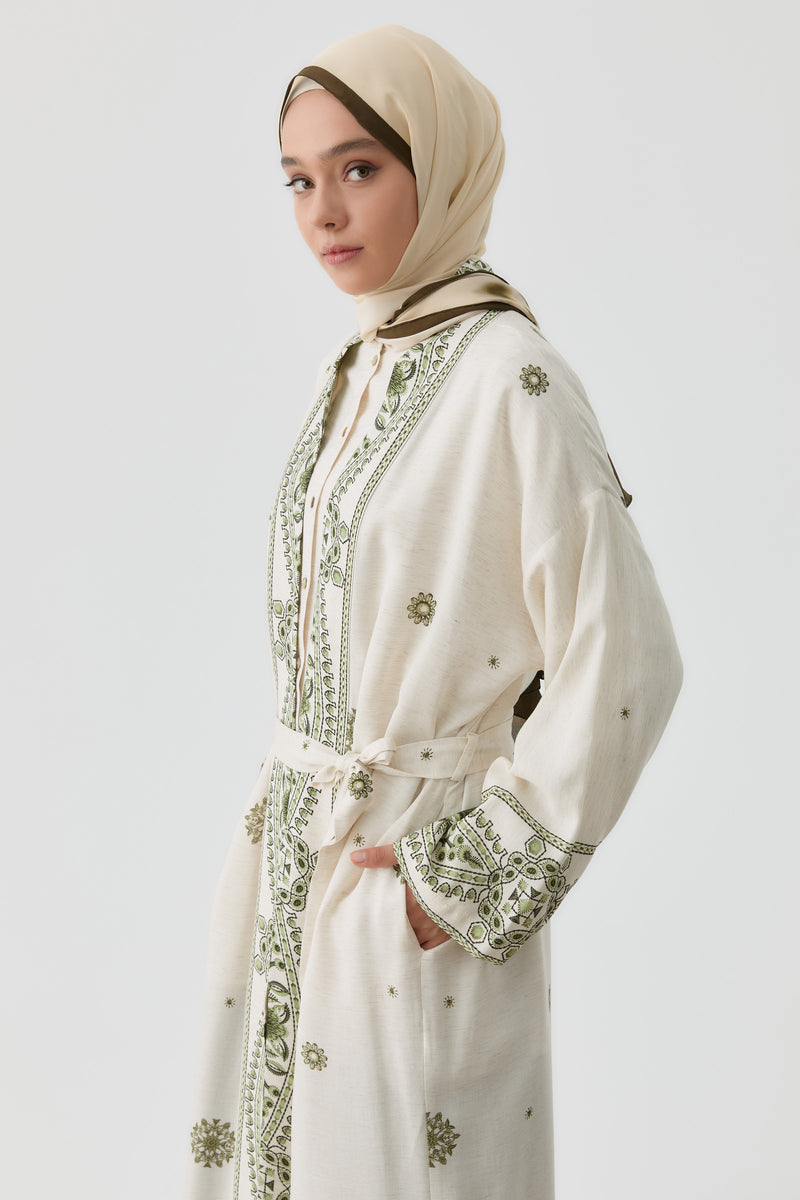 Desenli Kemerli Kimono - Haki TUGBA
