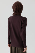 Kolları Düğme Detaylı Sıfır Yaka Kazak - Kahve TUGBA