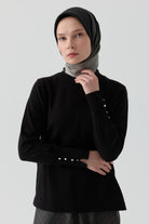 Kolları Düğme Detaylı Sıfır Yaka Kazak - Siyah TUGBA
