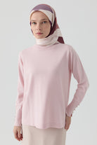 Kolları Düğme Detaylı Sıfır Yaka Kazak - Pembe TUGBA