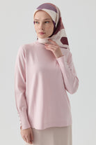 Kolları Düğme Detaylı Sıfır Yaka Kazak - Pembe TUGBA