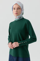 Kolları Düğme Detaylı Sıfır Yaka Kazak - Yeşil TUGBA