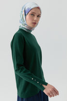 Kolları Düğme Detaylı Sıfır Yaka Kazak - Yeşil TUGBA