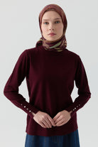 Kolları Düğme Detaylı Sıfır Yaka Kazak - Bordo TUGBA