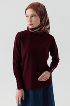 Kolları Düğme Detaylı Sıfır Yaka Kazak - Bordo TUGBA