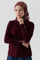 Kolları Düğme Detaylı Sıfır Yaka Kazak - Bordo TUGBA