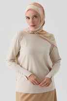Kolları Düğme Detaylı Sıfır Yaka Kazak - Ekru TUGBA