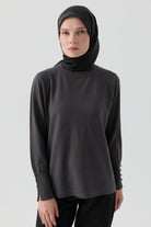 Kolları Düğme Detaylı Sıfır Yaka Kazak - Antrasit TUGBA