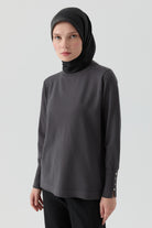 Kolları Düğme Detaylı Sıfır Yaka Kazak - Antrasit TUGBA