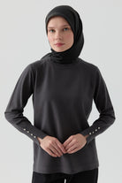 Kolları Düğme Detaylı Sıfır Yaka Kazak - Antrasit TUGBA